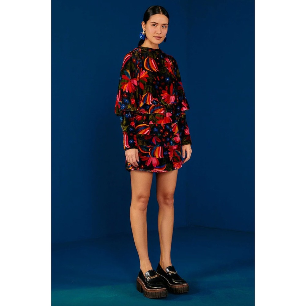 FARM Rio Black Floral Velvet Mini Dress with Red & Pink Accents
